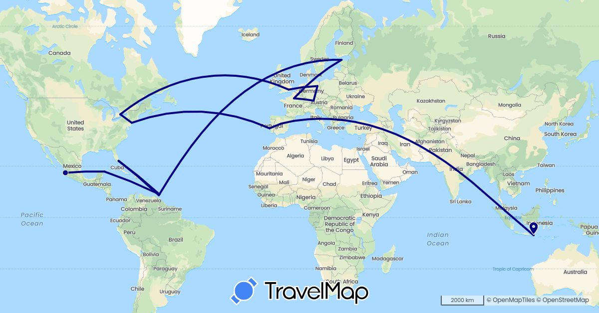 TravelMap itinerary: driving in Canada, Germany, Estonia, Spain, France, United Kingdom, Indonesia, Mexico, Malaysia, Portugal, Trinidad and Tobago, United States (Asia, Europe, North America)